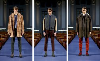 three images of male models wearing different styles of coats, one fur, one bomber jacket and one large anorak
