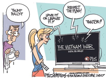 Political cartoon U.S. Trump rally Ken Burns Vietnam War PBS