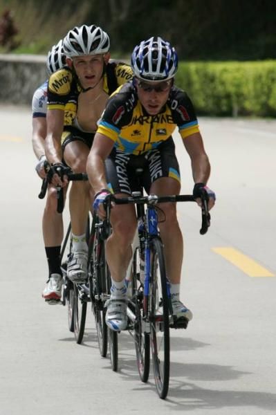 Volodymyr Zagorodniy (Ukraine) leads the front trio as they near the top of the climb.