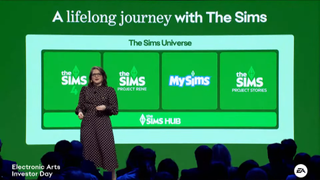 Electronic Arts investor say 2024 presentation - Laura Miele stands in front of a graphic showing "The Sims Universe" encompassing The Sims 4, Project Rene, MySims, and The Sims Project Stories all joined by "The Sims Hub"