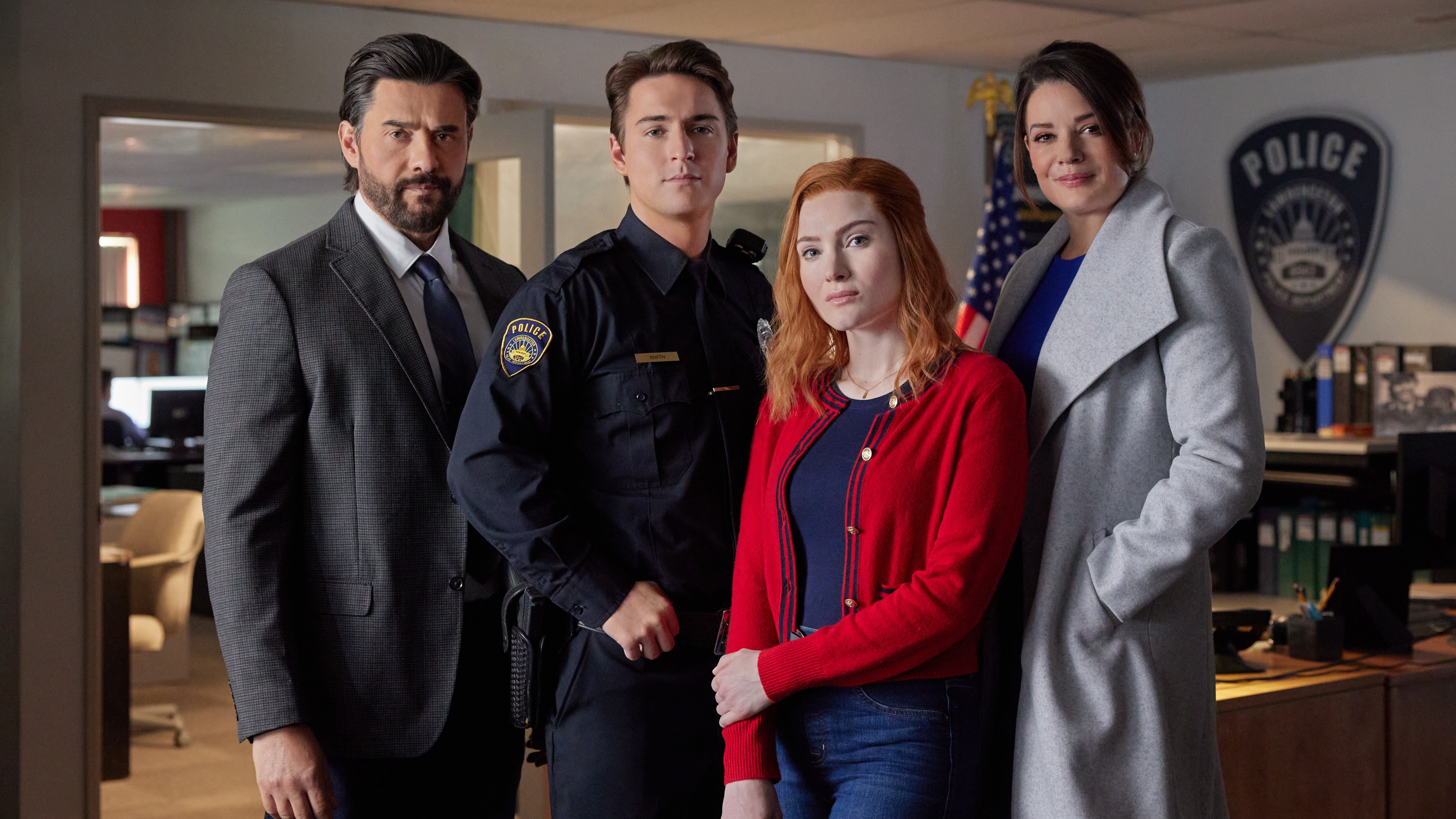 Steve Bacic, Evan Roderick, Skyler Samuels, Kimberley Sustad in Aurora Teagarden Mysteries: Death at the Diner