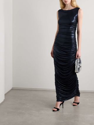 Ruched Stretch-Lamé Gown