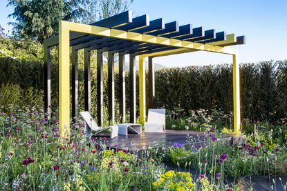 A backyard with a pergola with frames painted yellow and timber roof painted black, surrounded by flowers