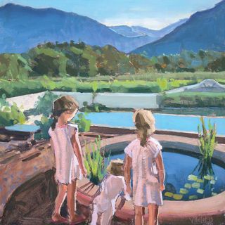 oil painting of girls overlooking pond and mountains
