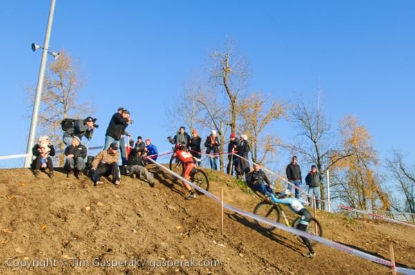 Lina Sone (Planet Bike), left, and Barbara Howe (Vanderkitten) battle one of several run-ups during day one of the Stanley Cup in Portland, Oregon.