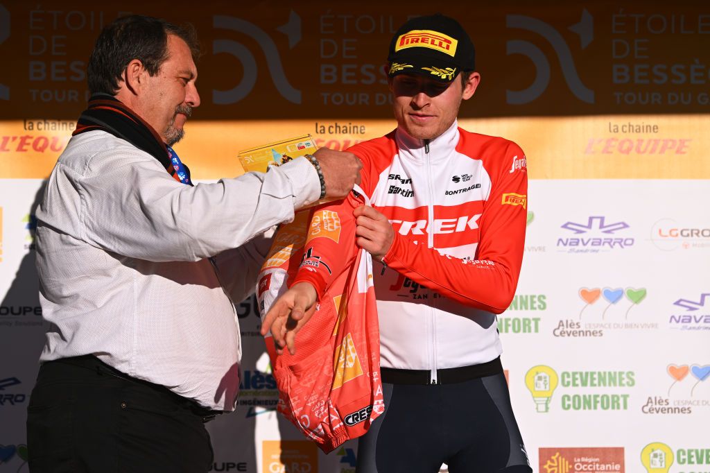 BROUZET LES ALES FRANCE FEBRUARY 04 Mattias Skjelmose of Denmark and Team TrekSegafredo celebrates at podium as Orange leader Jersey winner during the 53rd Etoile de Besseges Tour Du Gard 2023 Stage 4 a 1475km stage from SaintChristolLzAls to Le Mont Bouquet Brouzet ls Als 616m EDB2021 on February 04 2023 in SaintChristolLzAls France Photo by Luc ClaessenGetty Images