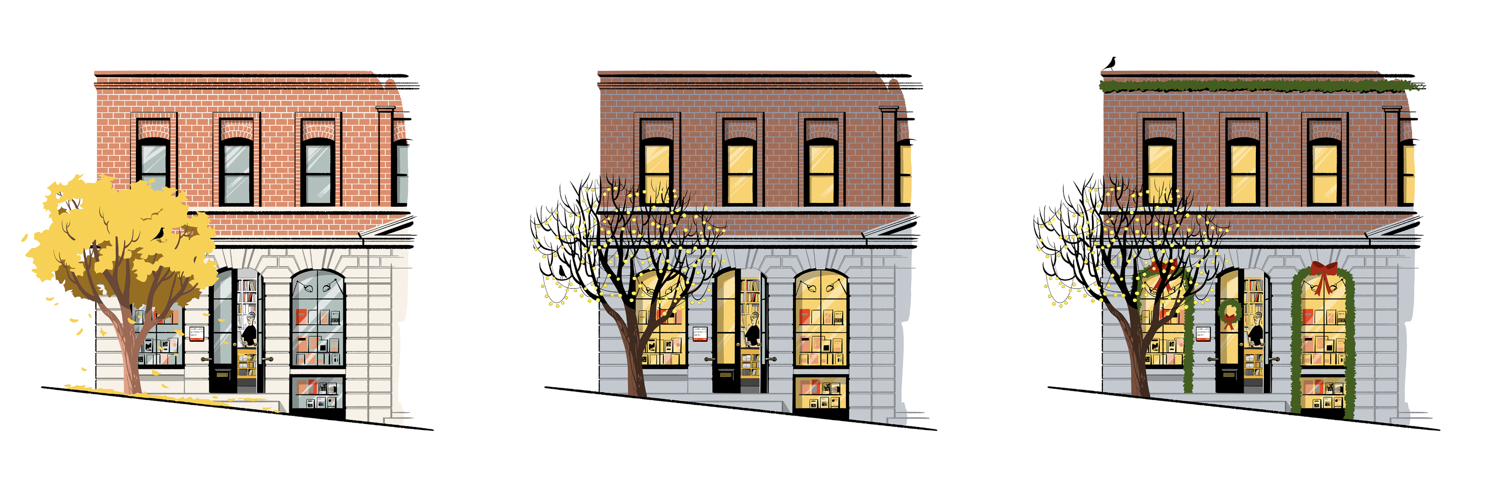 Hashimoto's seasonal exploration of the storefront: Fall, Winter and Winter Holiday