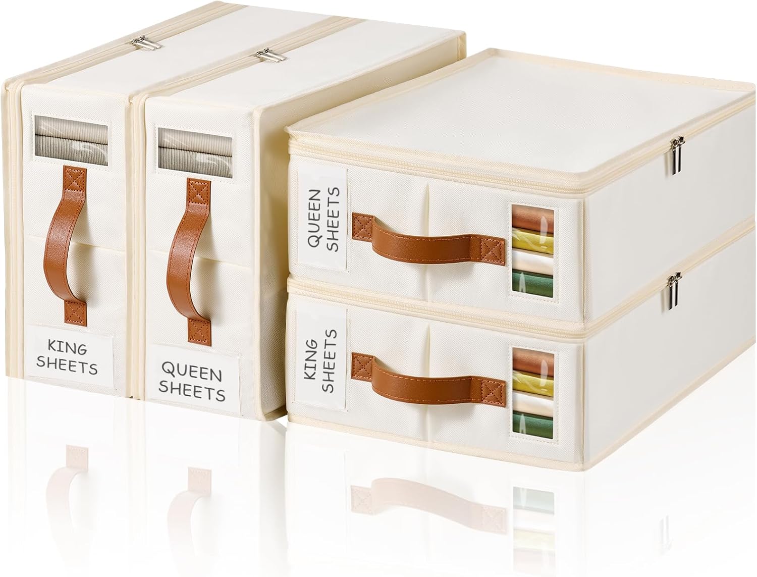 Kithero Bed Sheet Organiser 4 Pack With Zipper - Bedding Storage Sheet Organisers and Storage Label, Handle, Viewing Window, Linen Closet Organisers for Clothing, Duvet Covers, Blanket