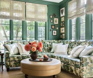 green living room sunroom with sheer window blinds and a green floral sofa