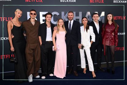 (L-R) Mia Regan, Romeo Beckham, Cruz Beckham, Harper Beckham, David Beckham, Victoria Beckham, Brooklyn Beckham and Nicola Peltz attend the Netflix 'Beckham' UK Premiere