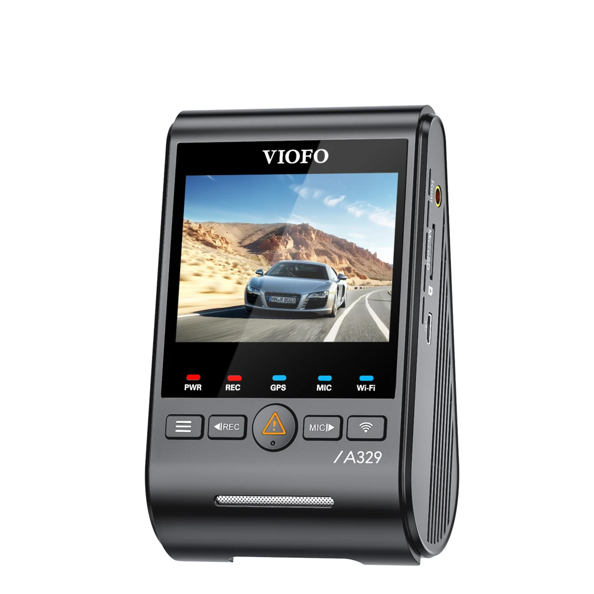 Viofo a329 dash cam from behind on a white background