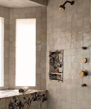 modern bathroom design with zellige tiles and marble