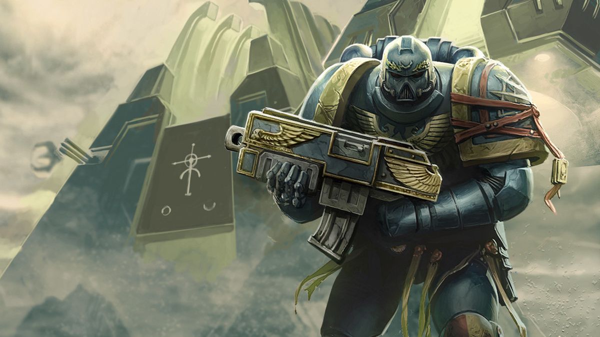 A space marine with a boltgun stands in front of necron pyramids