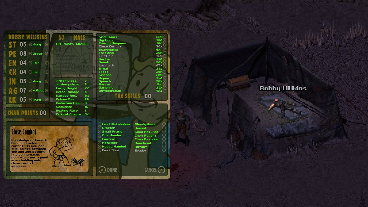 FOnline2 screenshot showing the game's starting location, this time at night, with the player's new character sheet superimposed.