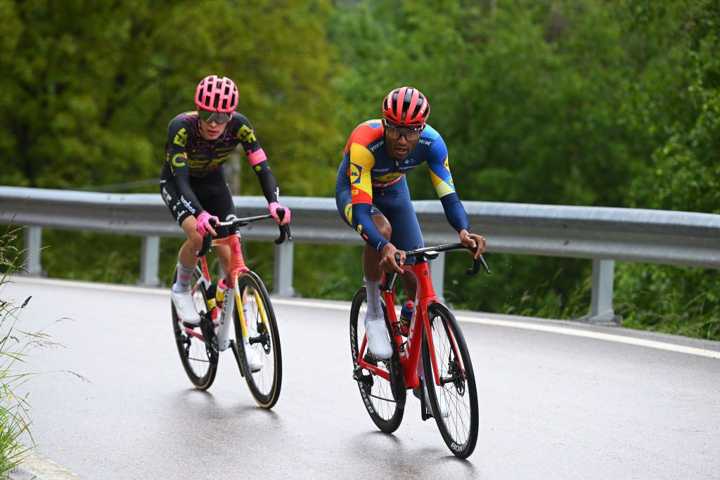 PASSO BROCON ITALY MAY 22 LR Georg Steinhauser of Germany and Team EF Education EasyPost and Amanuel Ghebreigzabhier of Eritrea and Team Lidl Trek compete in the breakaway during the 107th Giro dItalia 2024 Stage 17 a 159km stage from Selva di Val Gardena to Passo Brocon 1604m UCIWT on May 22 2024 in Passo Brocon Italy Photo by Dario BelingheriGetty Images