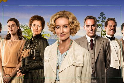 Hotel Portofino cast (L-R) OLIVER DENCH as Lucian Ainsworth, OLIVIA MORRIS as Alice Mays-Smith, ANNA CHANCELLOR as Lady Latchmere, NATASCHA MCELHONE as Bella Ainsworth, MARK UMBERS as Cecil Ainsworth, ADAM JAMES as Jack Turner and ASSAD ZAMAN as Anish Sengupta