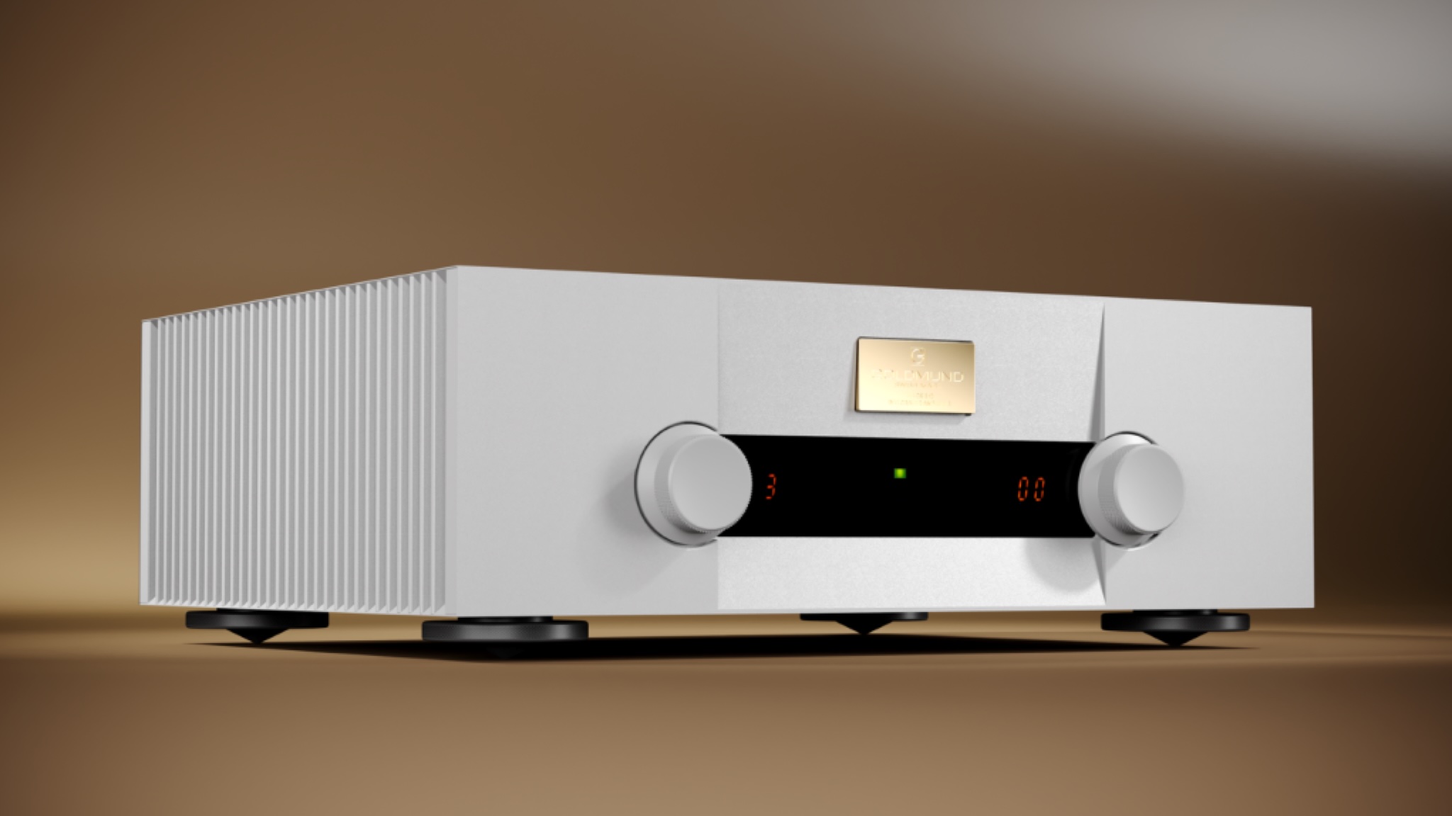 Goldmund Telos 670 amplifier in white, shot slightly angled from the front against a warm bronze background