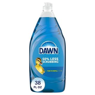 A clear plastic bottle of blue liquid dish soap with a small duck on the label