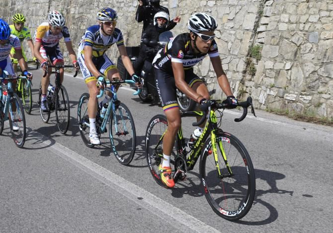 Jarlinson Pantano (Colombia) sets tempo in the early 7-man break