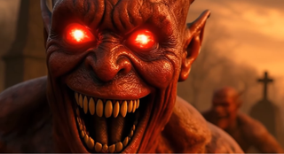 An AI-generated demon with fiery eyes is seen laughing in the Codex Mortis trailer.