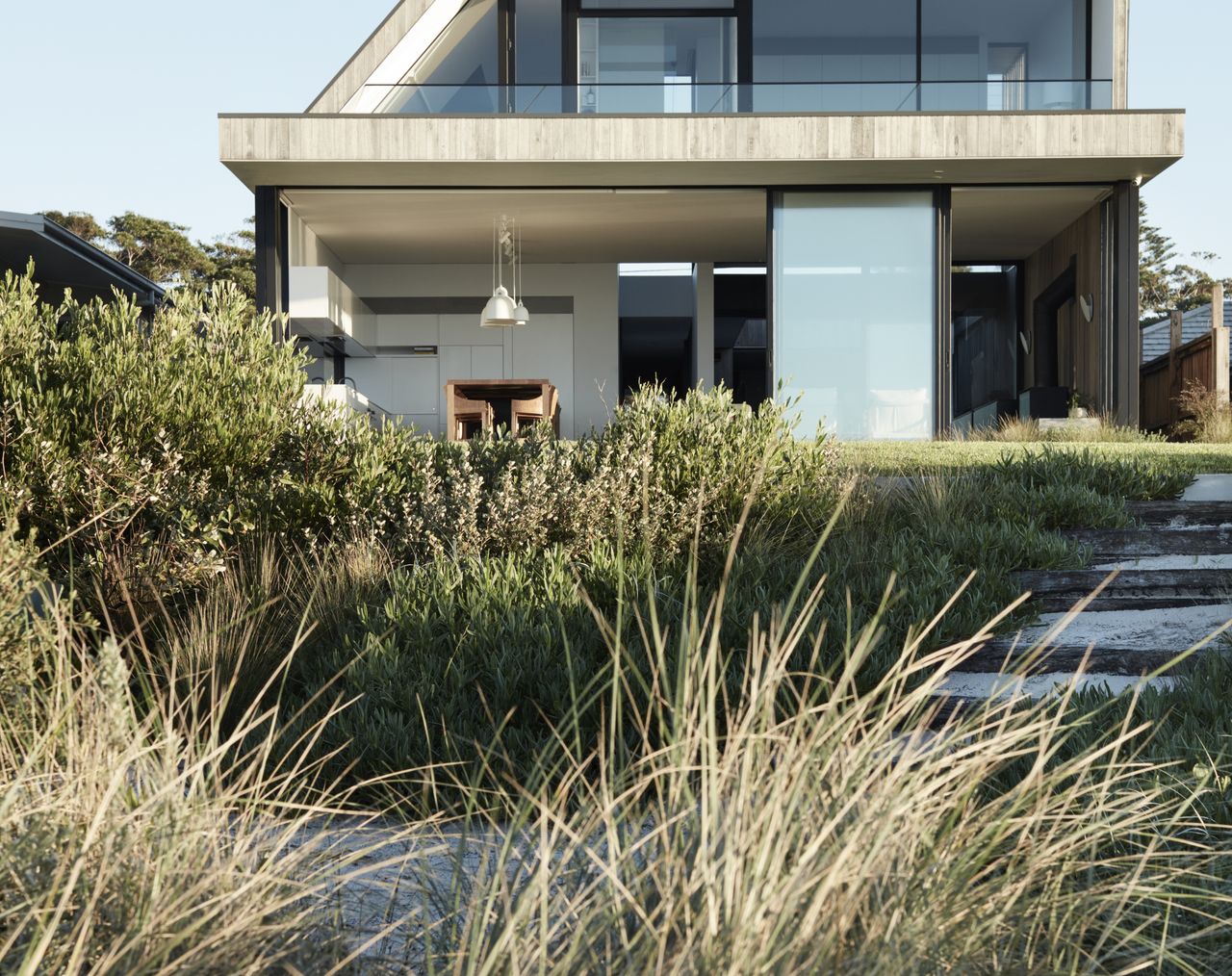 A backyard with ornamental grasses