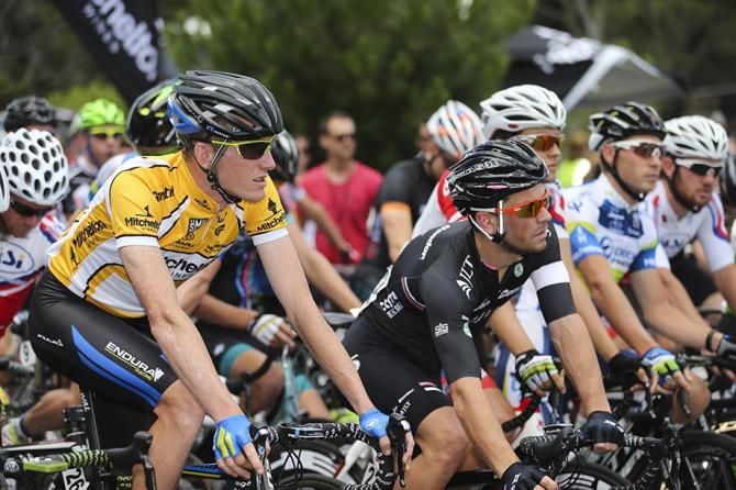 Zak Dempster on the start line in the leaders jersey