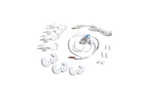 Swimbuds Sport Waterproof Headphones and accessories against white background