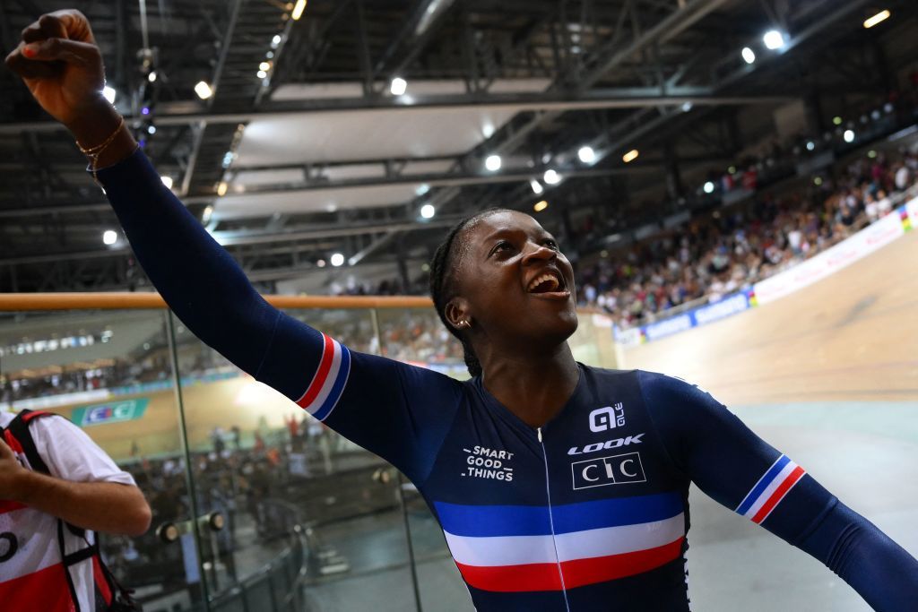 Frances Taky Marie Divine Kouame celebrates her victory after winning the Womens 500m time trial final during the UCI Track Cycling World Championships at the Velodrome of SaintQuentinenYvelines southwest of Paris on October 15 2022 Photo by AnneChristine POUJOULAT AFP Photo by ANNECHRISTINE POUJOULATAFP via Getty Images