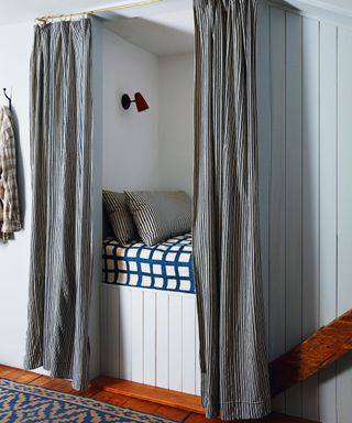 Blue walls, grey curtains