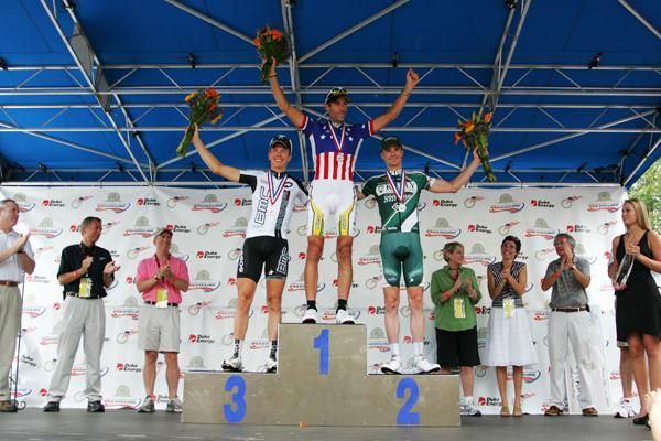 The men's road race podium (l-r): Jeff Louder, George Hincapie and Andrew Bajadali.