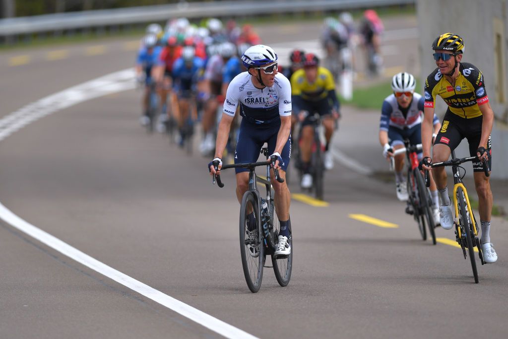 SAINTIMIER SWITZERLAND APRIL 29 Michael Woods of Canada and Team Israel StartUp Nation Sepp Kuss of United States and Team Jumbo Visma during the 74th Tour De Romandie 2021 Stage 2 a 1657km stage from La Neuveville to SaintImier TDR2021 TDRnonstop UCIworldtour on April 29 2021 in SaintImier Switzerland Photo by Luc ClaessenGetty Images