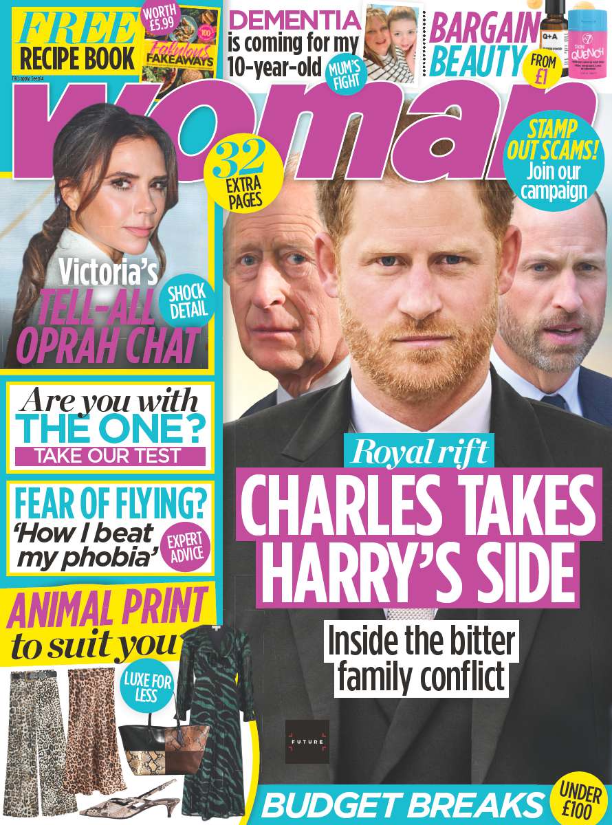 The front cover of Woman magazine issue 525, from October 2025, featuring Prince Harry, William and King Charles and the main headline &#039;Charles Takes Harry&#039;s side&#039;. Sidebars feature other articles including &#039;Are you with the one? Take our test&#039;