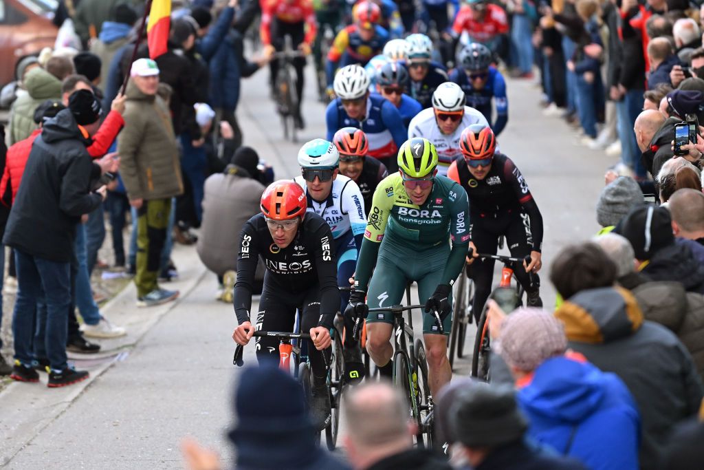 LIEGE BELGIUM APRIL 24 LR Ethan Hayter of The United Kingdom and Team INEOS Grenadiers and Bob Jungels of Luxembourg and Team BORA hansgrohe compete climbing the Cte de Stockeu while fans cheer during the 110th Liege Bastogne Liege 2024 Mens Elite a 2545km one day race from Liege to UCIWT on April 24 2024 in Liege Belgium Photo by Dario BelingheriGetty Images