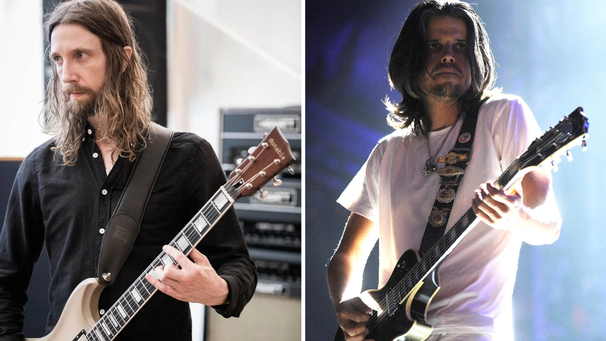 Mike Sullivan [left] of Russian Circles plays a Dunable electric guitar. Adam Jones [right] of Tool wears all white as he performs at Lollapalooza in 2009.