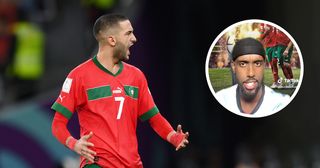 Hakim Ziyech of Morocco celebrates scoring the team's second penalty in the penalty shoot out during the FIFA World Cup Qatar 2022 Round of 16 match between Morocco and Spain at Education City Stadium on December 06, 2022 in Al Rayyan, Qatar.