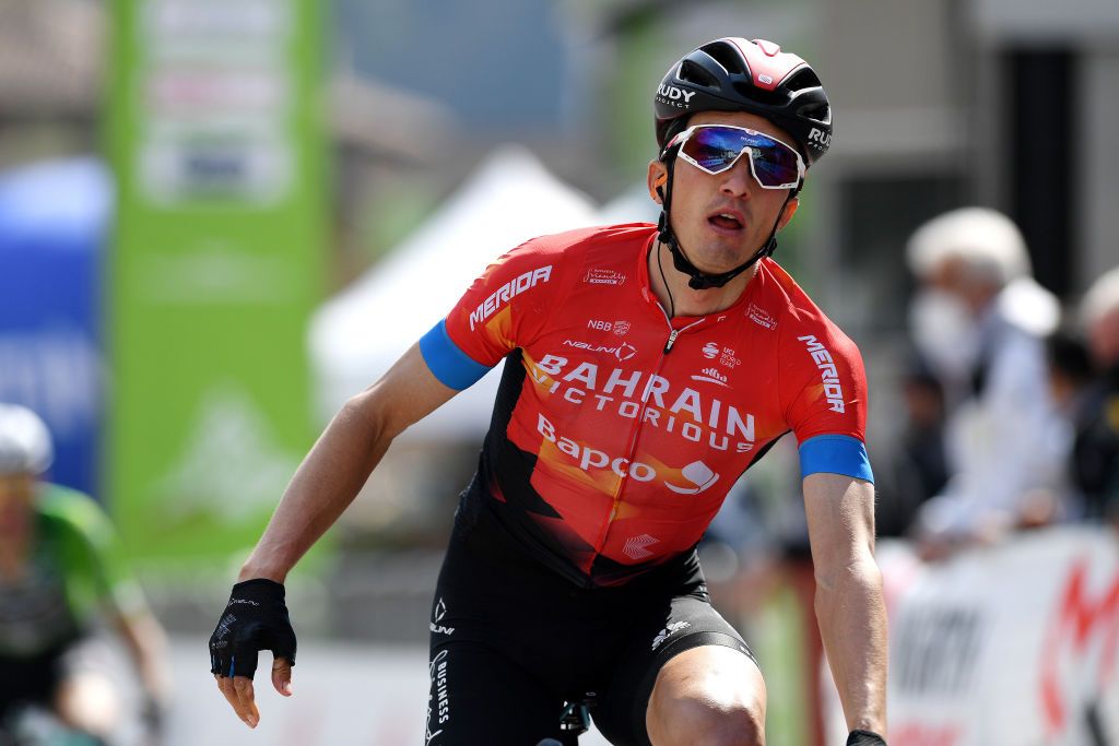 PIEVEDIBONO ITALY APRIL 22 Pello Bilbao Lpez of Spain and Team Bahrain Victorious celebrates on arrival during the 44th Tour of the Alps 2021 Stage 4 a 1686 to stage from Naturns to Valle del Chiese Pieve di Bono TourofTheAlps TouroftheAlps on April 22 2021 in Pieve di Bono Italy Photo by Tim de WaeleGetty Images