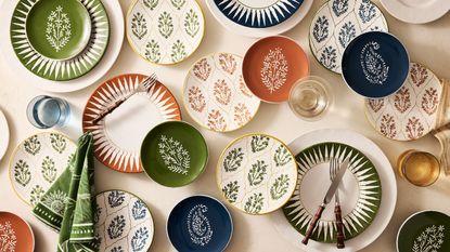 Table set with Peter Dunham's new pieces for Hudson Grace in layered prints and colors for fall