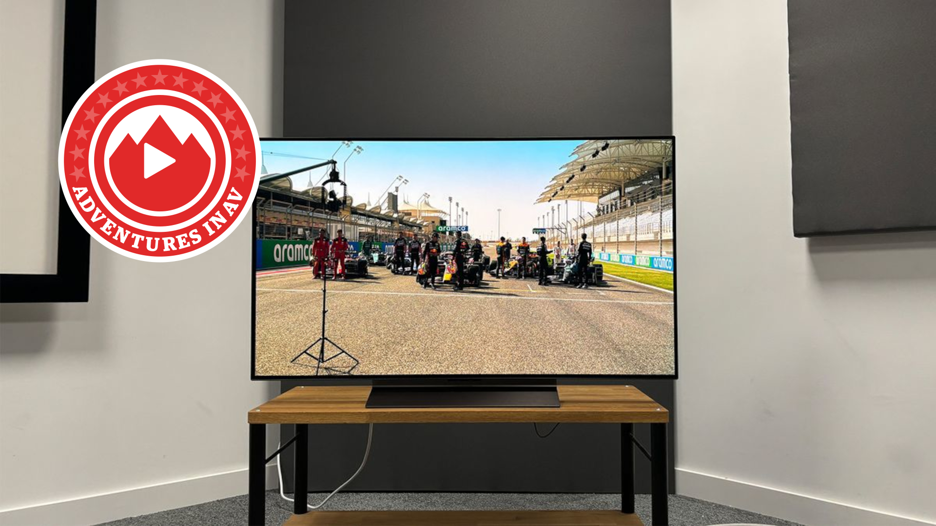 48-inch LG C5 on stand with Adventures in AV logo