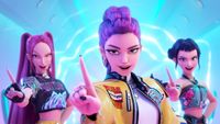 Three animated women, styled like a K-pop group with vibrant hair and edgy outfits, look intensely at the camera while pointing upwards with one finger in a bright, neon-lit setting.