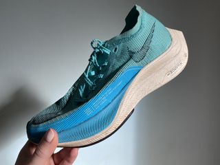 A side-on view of the Nike Vaporfly Next% 2