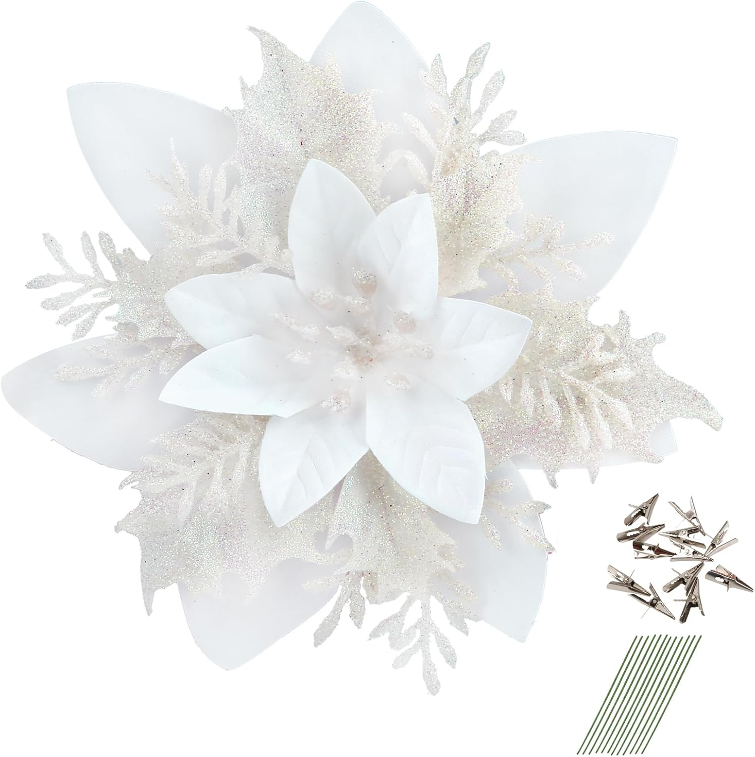 Greentime 12 Pcs Glitter Poinsettia 5.5&quot; Artificial Flowers Christmas With Clips Stems Xmas Tree Ornaments for New Year Party Stairs Fireplace Porch Balcony Garden Church Wreath Decoration (white)