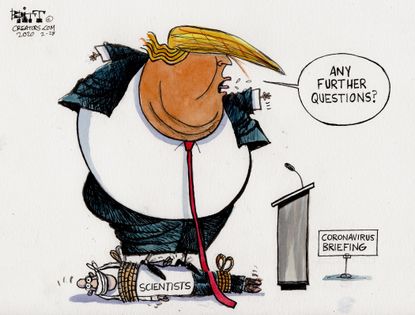 Political Cartoon U.S. coronavirus briefing Trump silence scientists