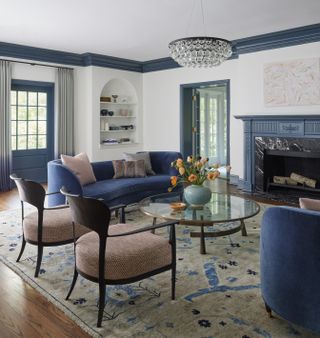 living room with blue trim