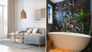 Compilation image of a neutral living room and a dark tropical themed bathroom