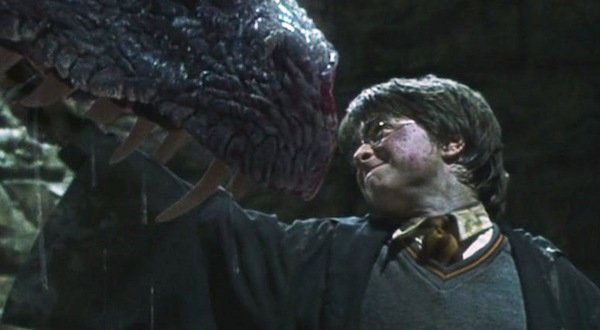 Harry Potter battles the Basilisk in the Chamber of Secrets