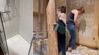 A before mage of the shower with white tiles and Hannah revealing peach tiles underneath and the unusual plumbing