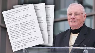 two images, one (at left) showing three pages of typed text and the other (at right) showing a smiling older man in a dark blazer