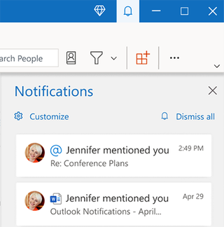 Microsoft Outlook notifications pane