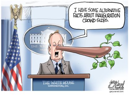 Political Cartoon U.S. Sean Spicer Alternative Facts Pinocchio crowd size