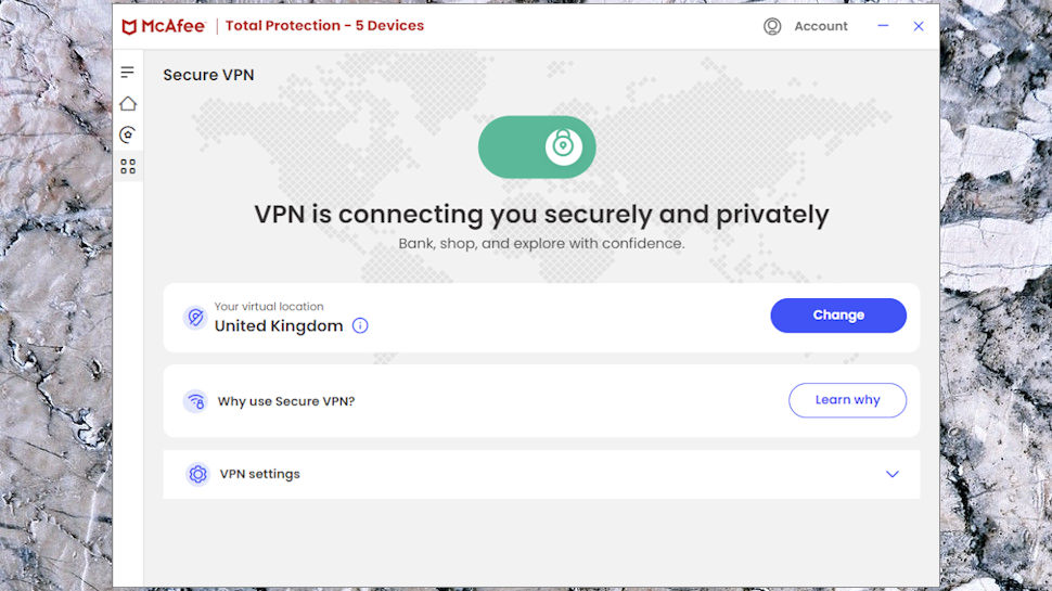 McAfee Total Protection Essential VPN connected